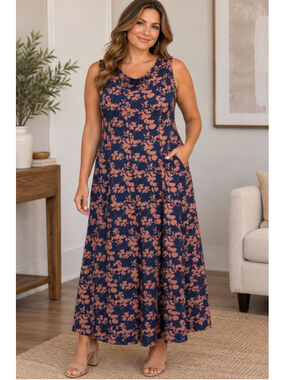 Perceptions New York Maxi Dress Navy Brown Floral Women’s Size L